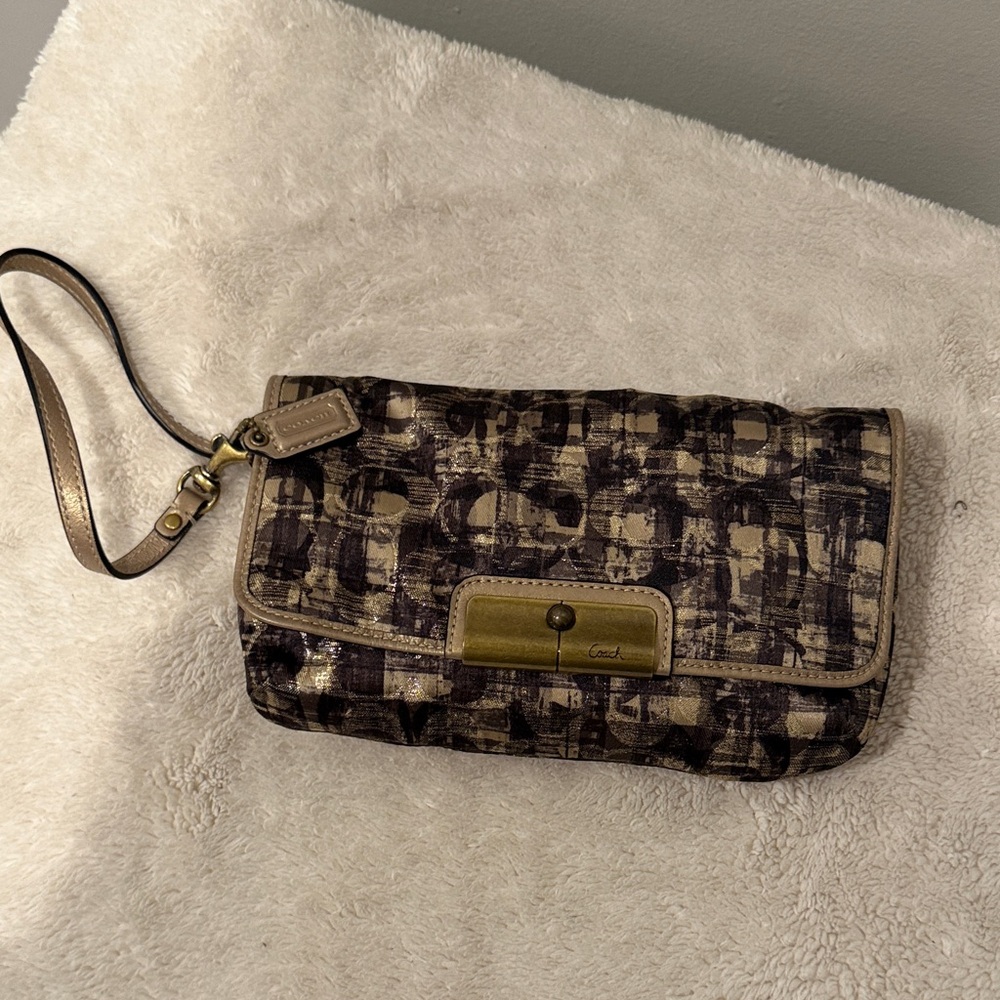 Coach Gold-Brown Patterned shoulder Wristlet Clut… - image 1